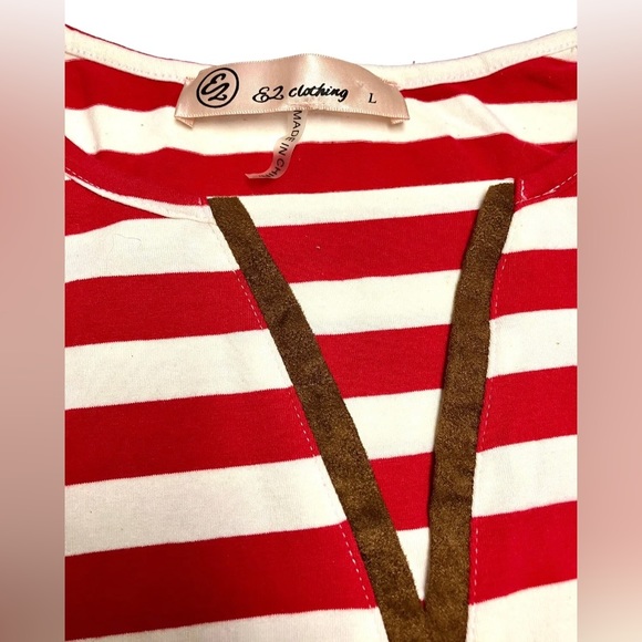 EZ Clothing Red White Striped Top Elbow Patches Size L Long Sleeve Tunic - Picture 2 of 8